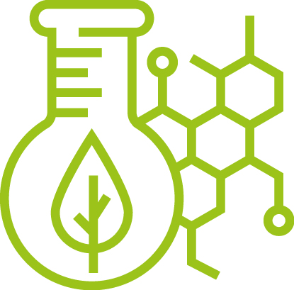 Icono que es un vaso de precipitados con una hoja y una representación molecular de un compuesto orgánico.